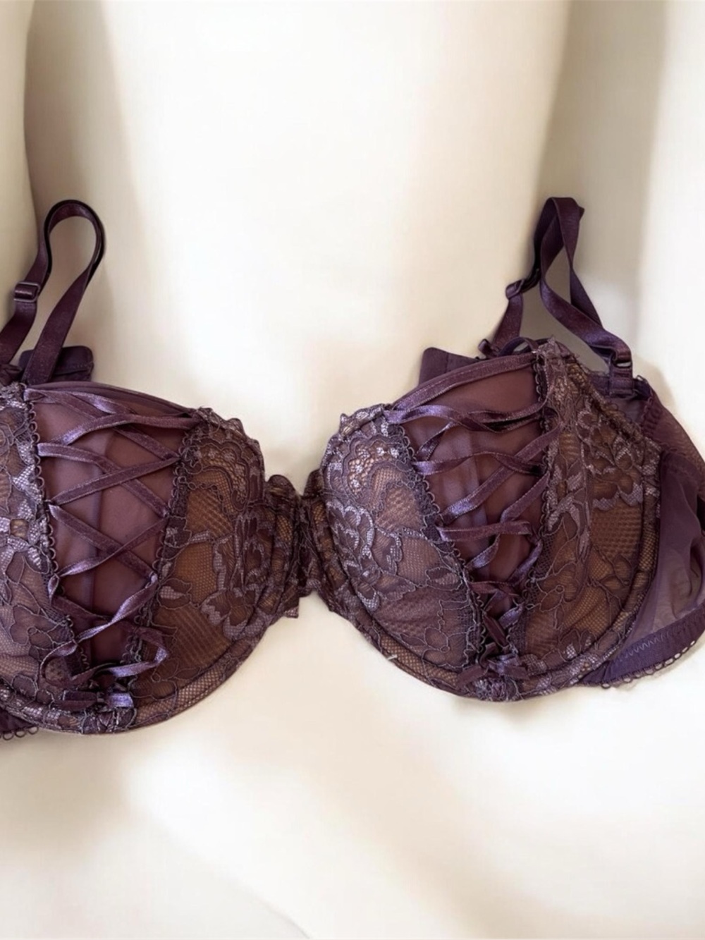Adore Me Lace Strappy Bra – Plum Sheer Mesh Underwire Lingerie